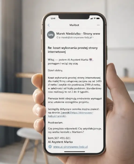 Telefon w dłoni z widokiem wiadomości e-mail – automatyczne odpowiadanie na e-maile przez asystenta AI