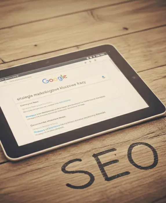 Ekran tabletu z wynikami wyszukiwania Google i napisem „SEO” na drewnianym blacie